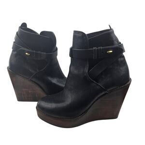 Rag & Bone Emery Wedge Heel Ankle Booties Womens 7 Black Leather Wood Platform